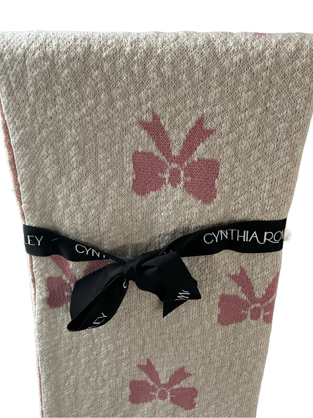 Cynthia Rowley Coquette Pink Bow Knit Throw Blanket & Pillow Matching Bundle Set